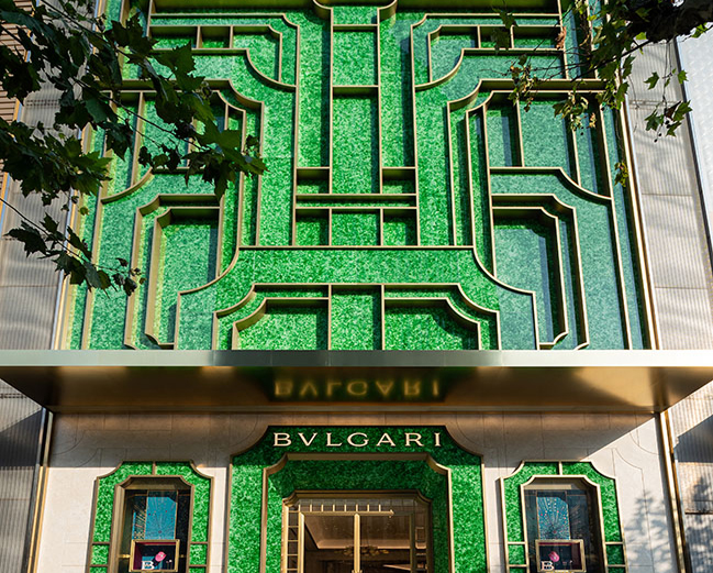 The new Bulgari store in Shanghai features a facade made from brass and recycled glass bottles